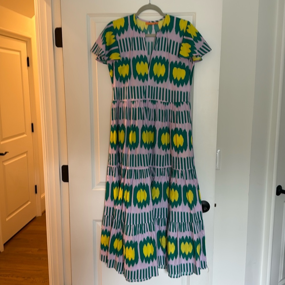 Oliphant Puff V-Neck Maxi Dress Size S 100% Cotton, Ikat Lilac